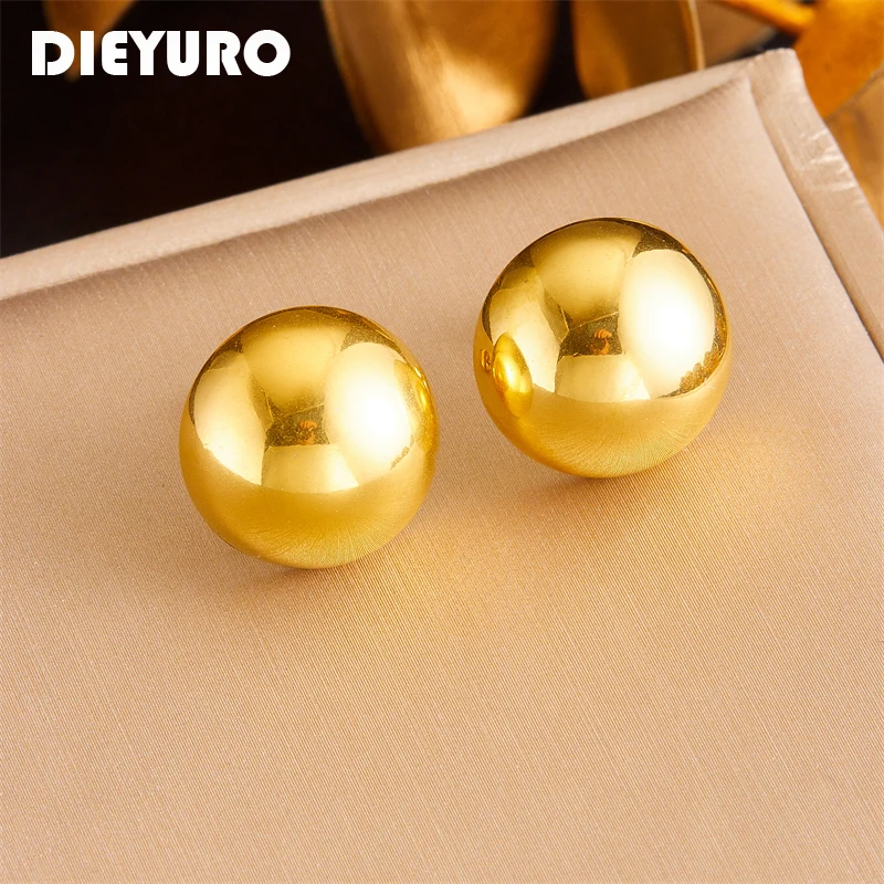 

DIEYURO 316L Stainless Steel Gold Color Round Stud Earrings For Women Girl Fashion New Ear Jewelry Lady Gift Party сережки