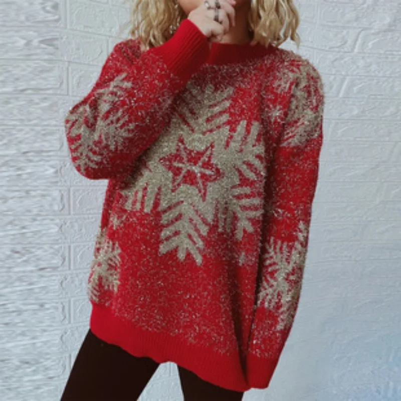 Autumn & Winter Women's Loose Snowflake Print Christmas Sweater Simple Woman Fashion Round Neck Long Sleeve Thickened Pullovers