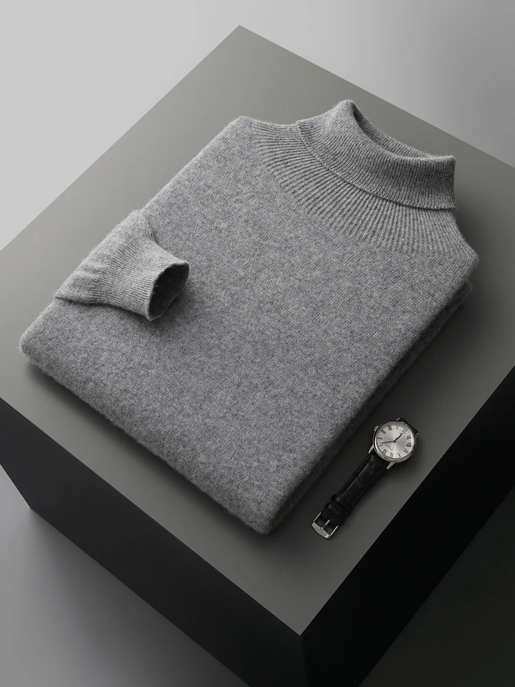 Jesień Zima Męski Wełniany Sweter Turtleneck Długi Rękaw Pullover Smart Casual 100% Wełna Merino Dzianina Miękki Ciepły Sweter Ubrania