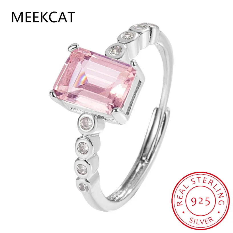 Emerald Cut Natural Pink Topaz 925 Sterling Silver Geometric Rectangle Ring for Woman Statement Gemstone Jewelry Birthday Gift