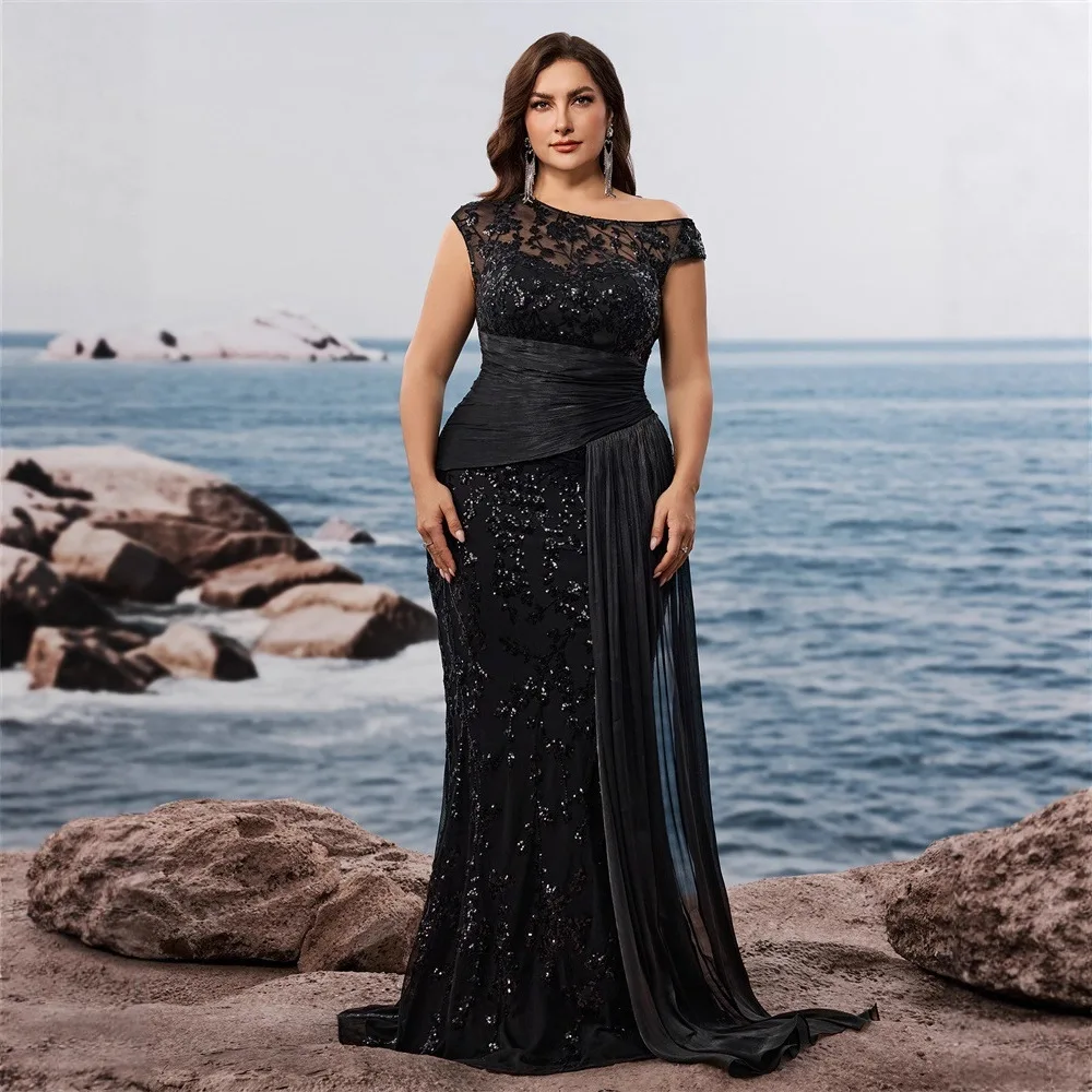 Glitter Lace Mermaid Floor Dress Off Shoulder Sleeve Sequin Bodice Gathered Waist Side Chiffon Drape Train African Wedding