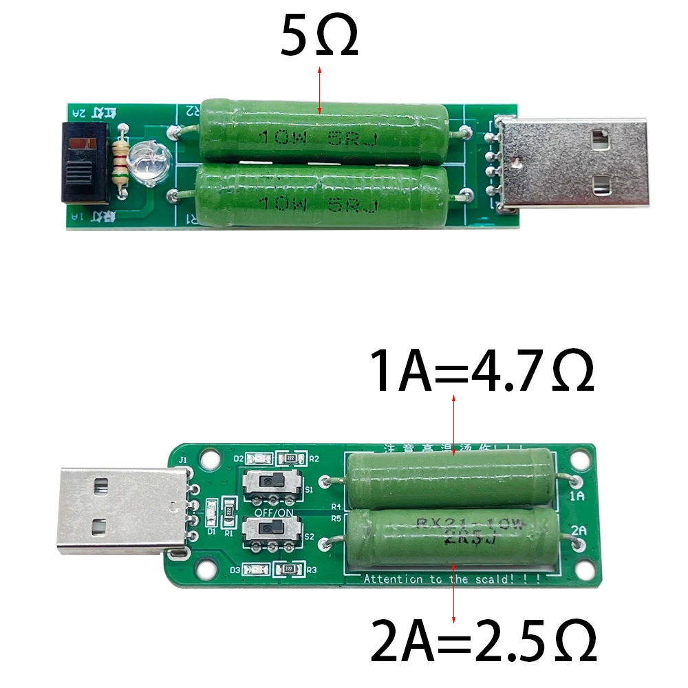 USB 저항 DC 전자 부하 2 스위치 가변 전류 5V 1A/2A/3A 배터리 용량 전압 방전 저항 테스터