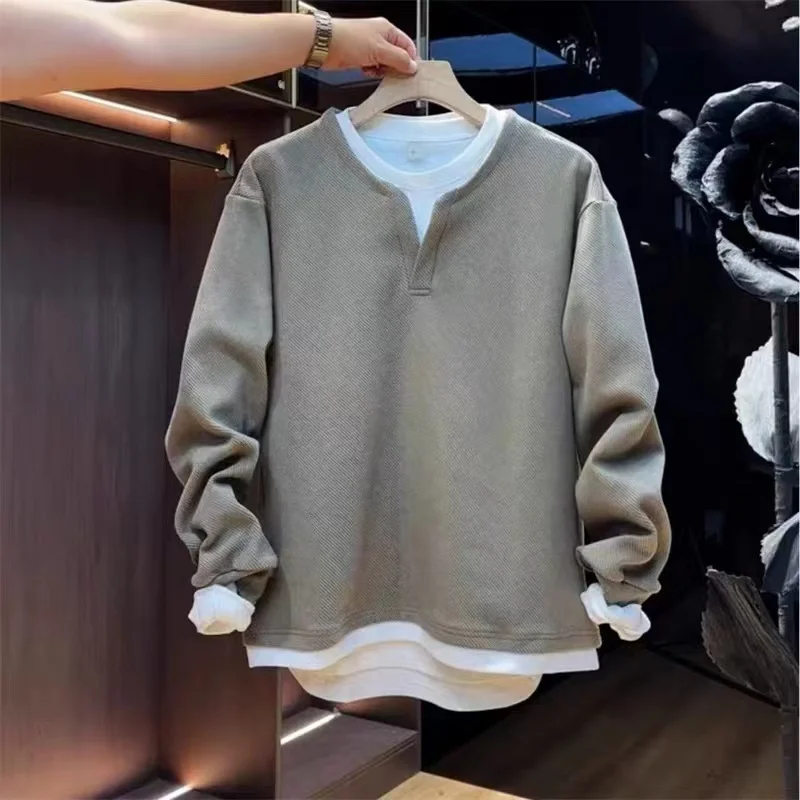 

Осенний модный свободный свитшот с V-образным вырезом для мужчин, повседневный универсальный свитшот, однотонный, удобный, из хлопка и полиэстера