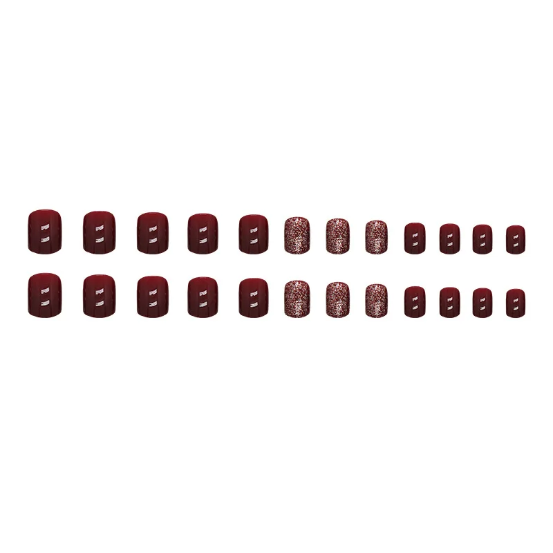 24pcs Short Solid Color Burgundy Glitter Fashion Squared Rounded Fake Nails Press on Nails Set for Girls False Nails with Glue