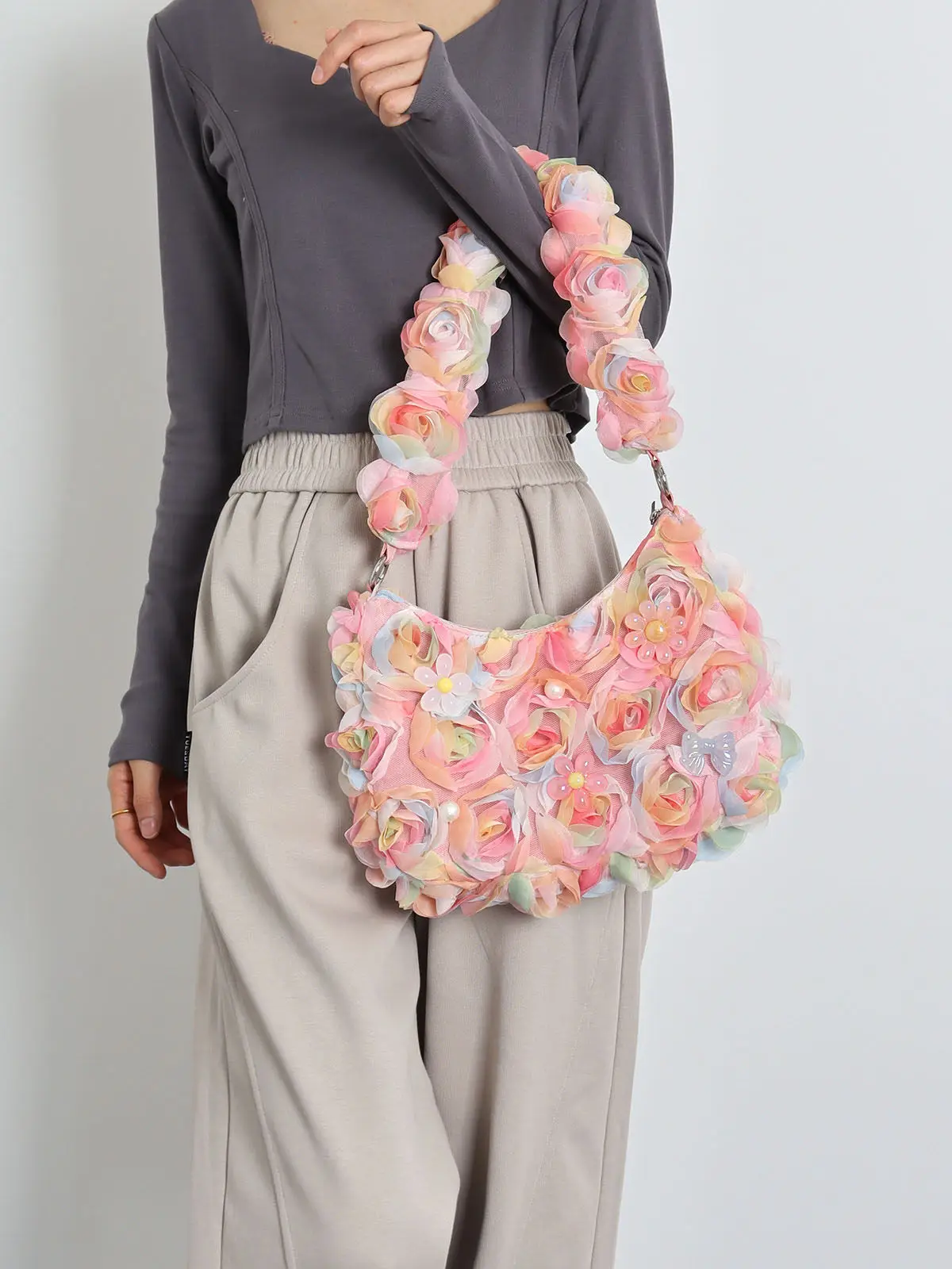 3D Lace Flower Underarm Bag 2026 Spring New Pink Fairy Temperament Romantic Sweet Fashionable Crossbody Bag Women's Shoulder Bag