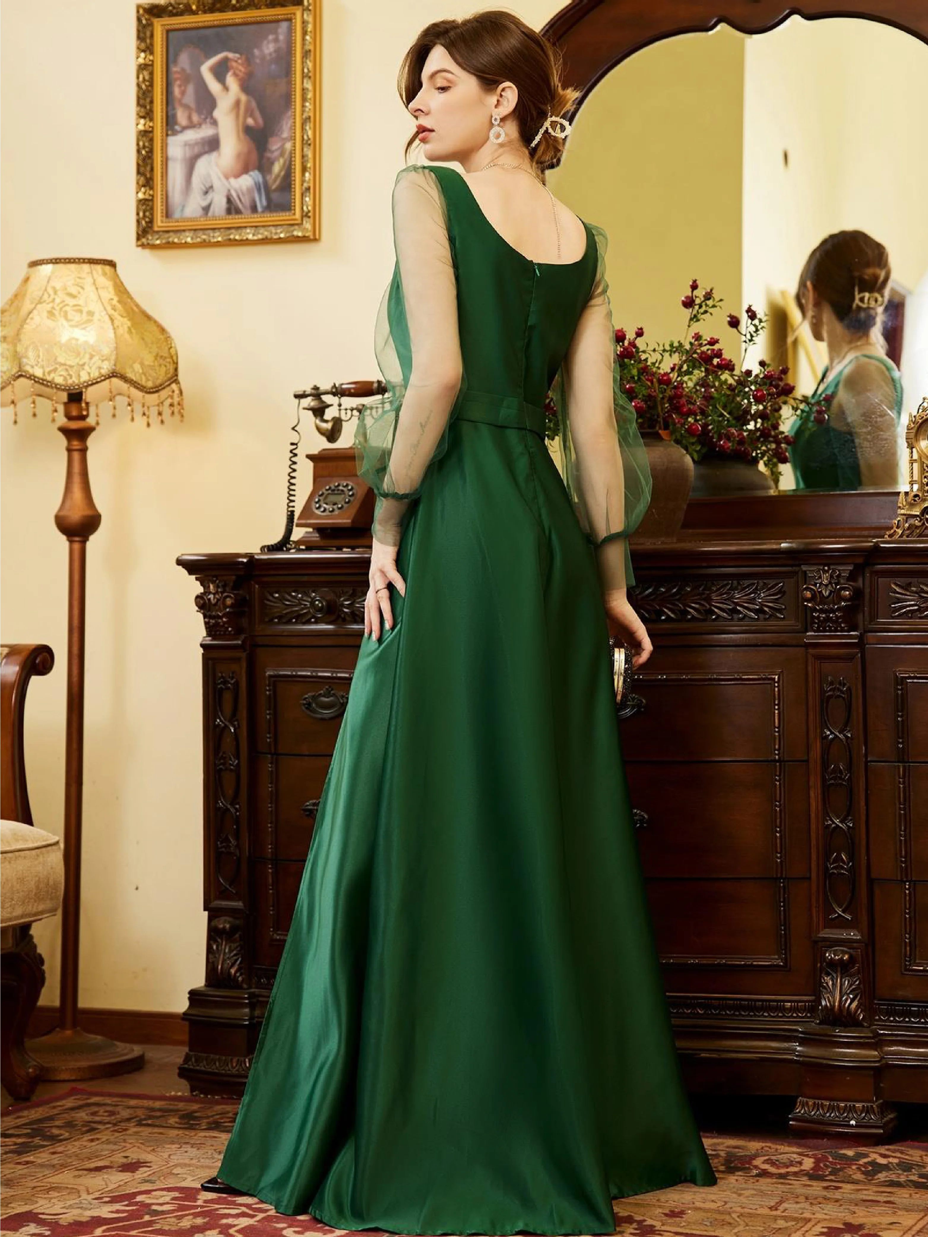 2022 Dark Green Satin V Neck Cocktail Dresses for Women High Slit Hollow Out Tulle Valentine Days Prom Gown Vestidos De Fiesta