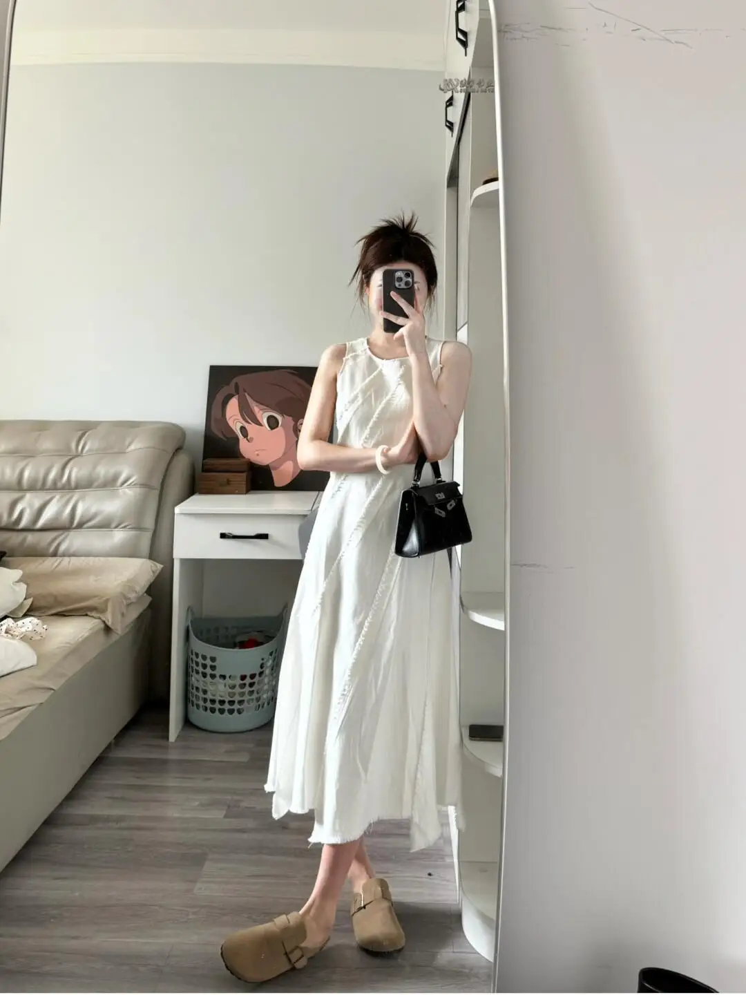 

Summer New Sle Women's Midi Dr round Ne Svel Irregular Design French Sle White Long Dr Faionable Ele