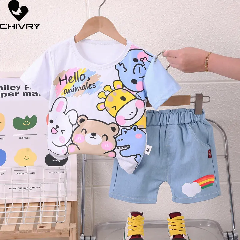 Neue 2023 Baby Boy Sommer Kurzarm Rundhals Nette Cartoon Tier T-shirt Tops mit Denim Shorts Jungen Mode Kleidung sets