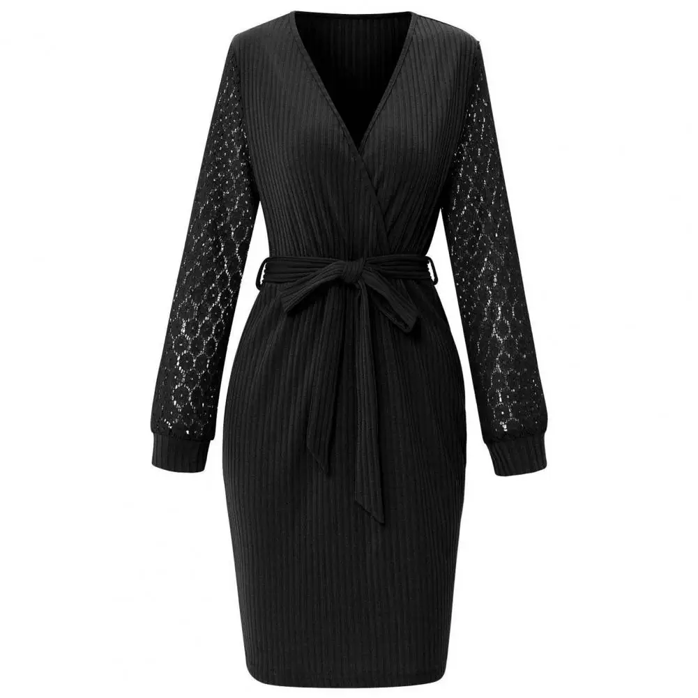 Stretchy  Beautiful Sexy Women Pure Color Bodycon Mini Dress Close-fitting Autumn Dress Lace Long Sleeve   Female Clothing