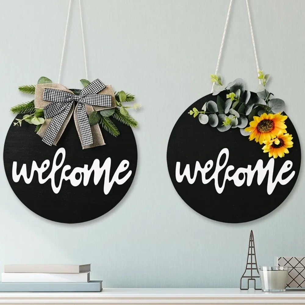 Sunflower Wooden Welcome Sign 30cm Artificial Eucalyptus Leaves Hanging Decoration Grid Bowknot Round Shape Door Wreath