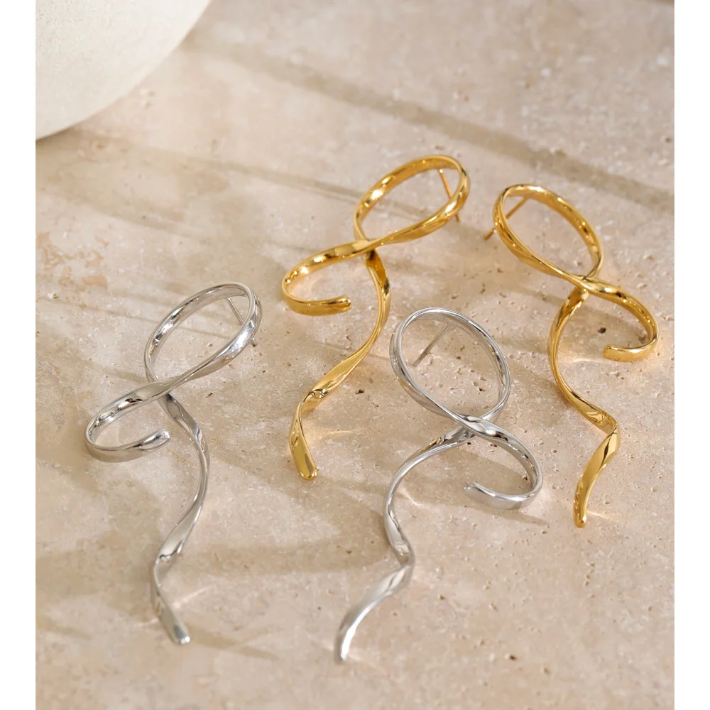 Yhpup Stainless Steel Stud Earrings Abstract Twisted Wave Long Ribbon Sparkle Personalized