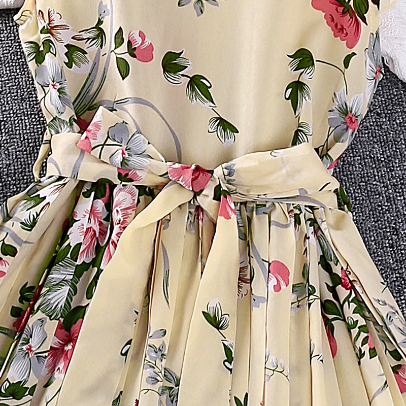 Children\'s Dress For Girls 5-12 Years O-neck Small Flying Sleeve Floral Print Pleated A-line Skirt Give Belt