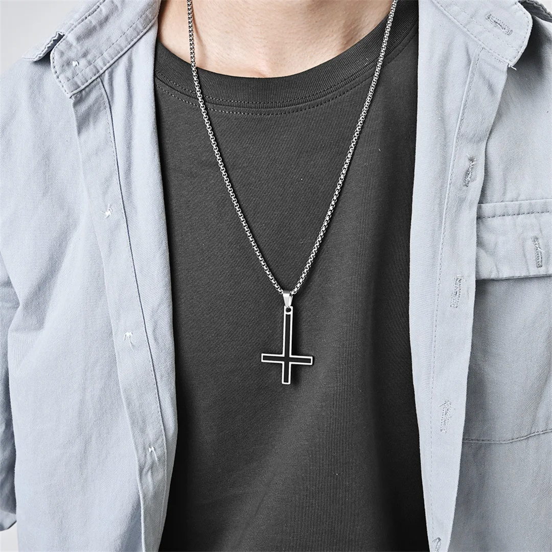Punk Inverted Cross Pendant Gold Silver Color Stainless Steel Satanism Faith Amulet Necklace for Woman Men Religion Jewelry Gift