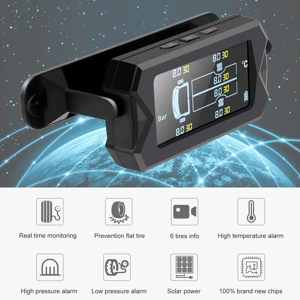 Truck TPMS Tire Pressure Monitoring System TPMS Solar Charge with 6 External Sensors Digital LCD Tyre Temperature Alarm