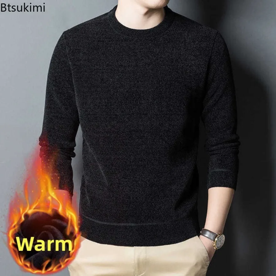 

2025 New Men's Thickened Sweaters Autumn Winter Warm Knitted Sweaters Men Solid Fleece O-neck Casual Pullovers Man Knitwear Tops