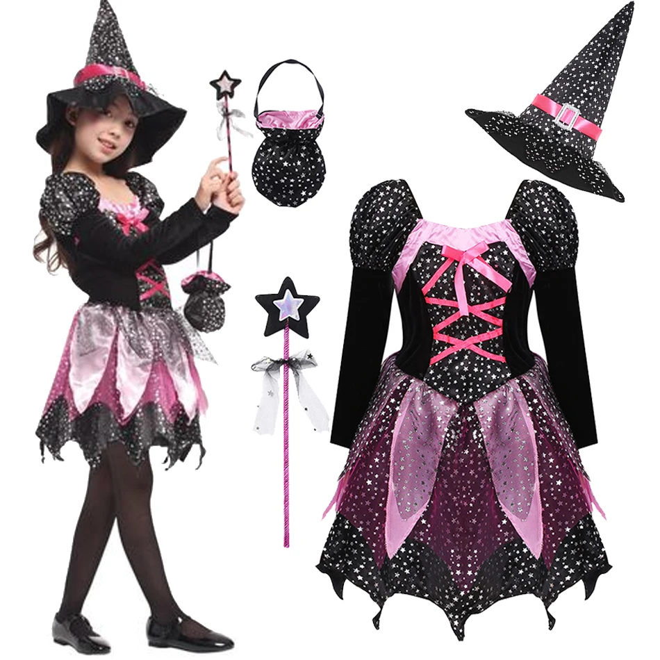 4 Pieces Witch Clothing Set Dress+Hat+Wand+Bag Girls Halloween Wizard Costume 2024 Kid Make up Party Hag Witch Apparel Vestidos