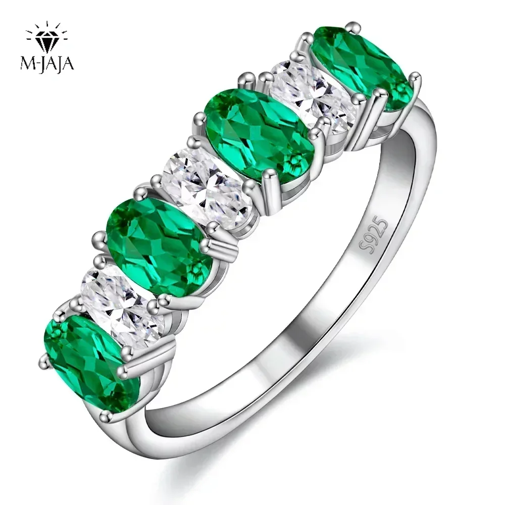 M-JAJA 4*6mm Lab Emerald 925 Sterling Silver Oval Cut Synthetic Emerald Created Gemstone Wedding Band Rings Vintage Fine Jewelry