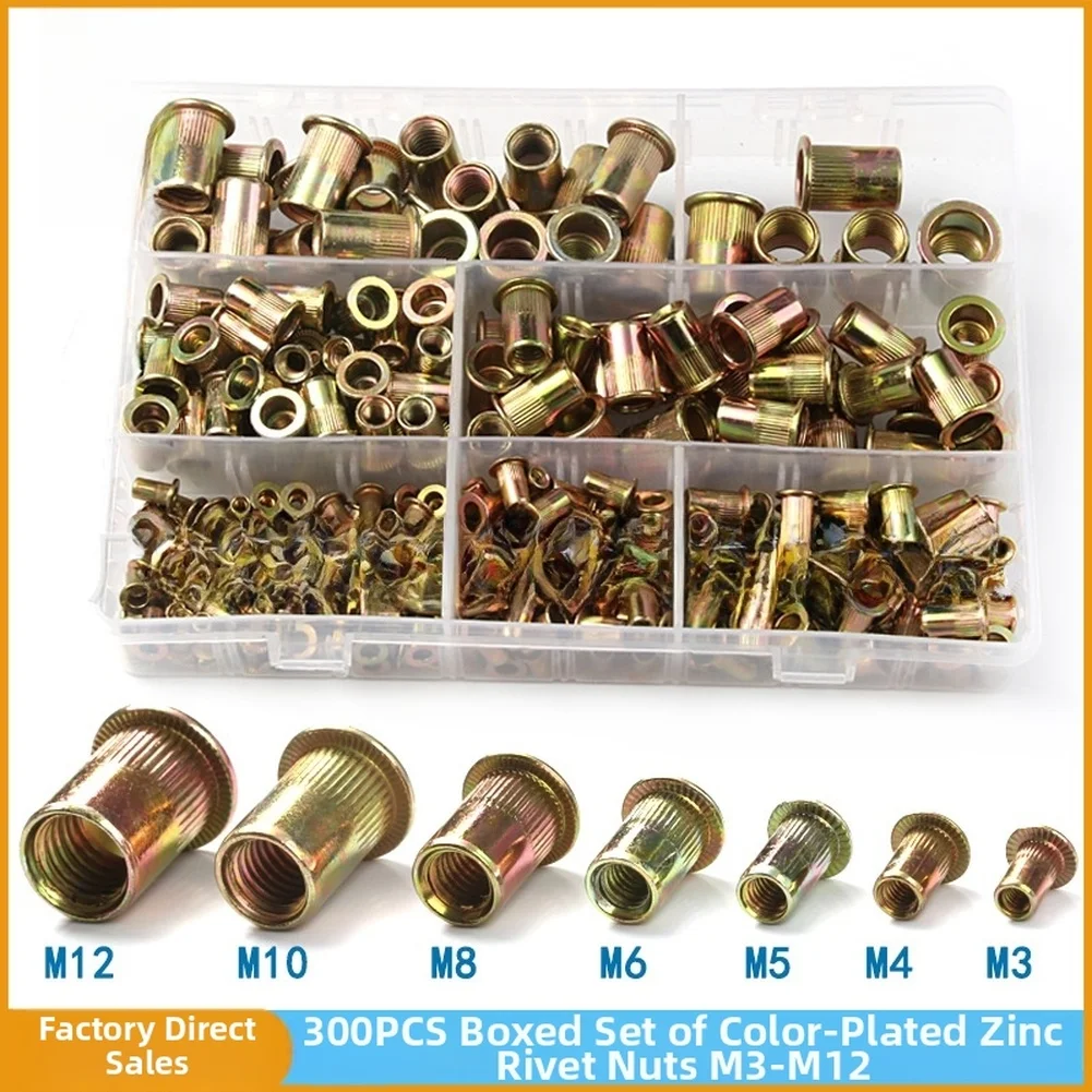 

300pcs Colored Zinc Plated Rivet Nut Kit FOR M3 M5 M6 M8 M10 FOR 12MM Carbon Rivet Nut Set Power Tools