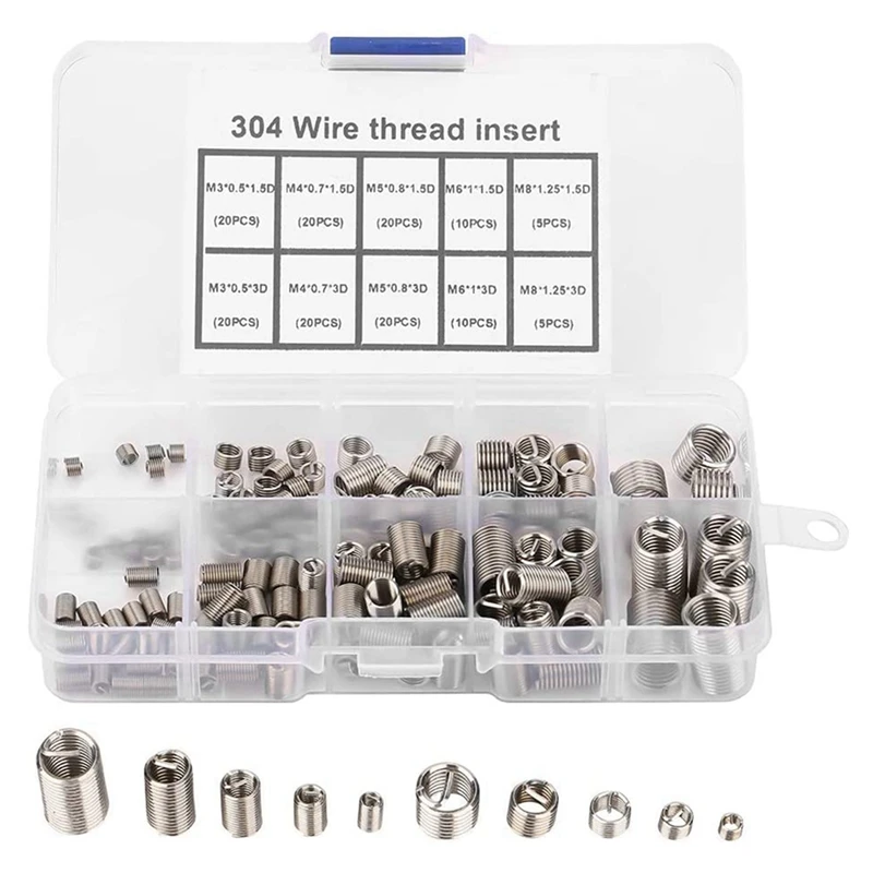 300Pcs Thread Repair Inserts M3 M4 M5 M6 M8 Stainless Steel Heli Coil Thread Repair Insert Wire Thread Insert Assortment