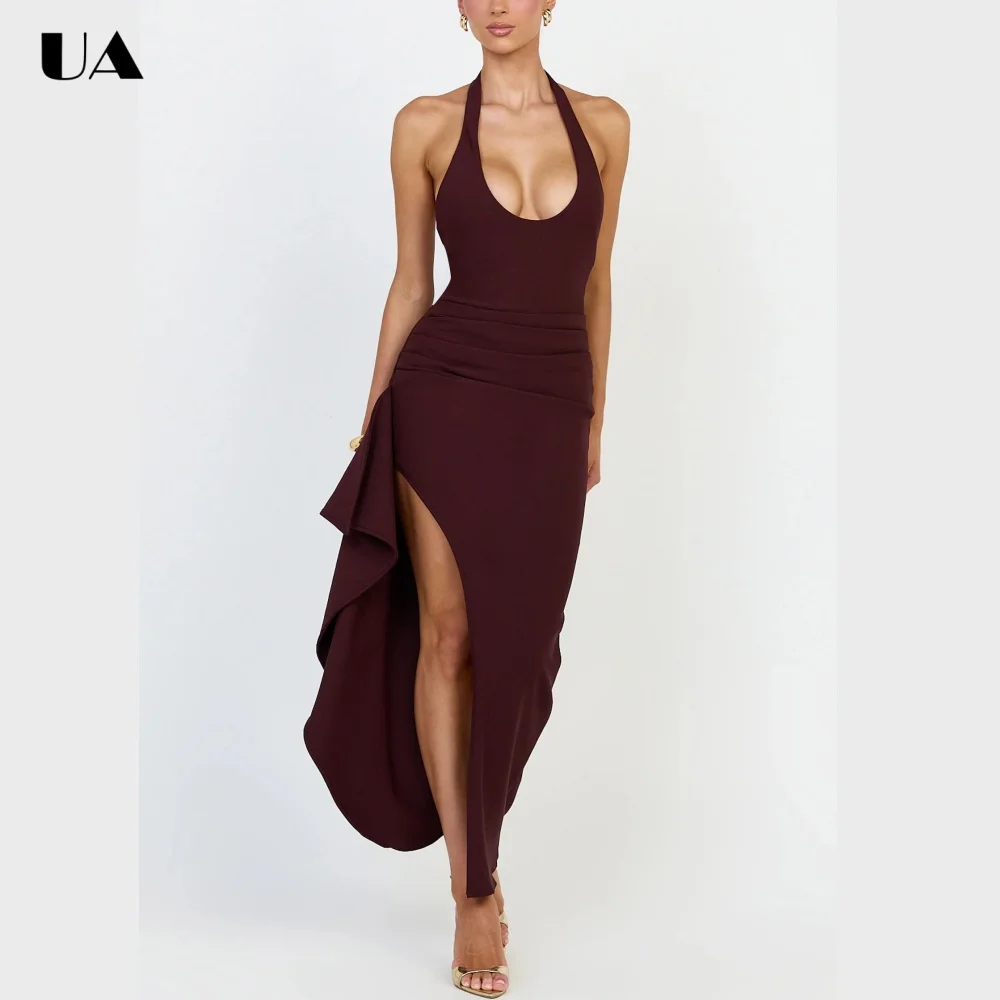 

ULBYANRN 2026 Trendy Halterneck Ruffled Party Dress, French Style Solid Sleeveless Prom Dress, Customized Sexy Slit Long Dress