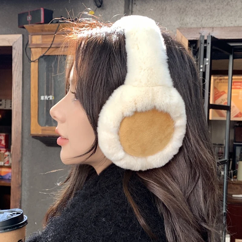 Women's Winter Earmuff Real Shearing Sheep Fur Ear Protector Cute Ear Warmer Foldable Warm Ear Cover for Cold Weather