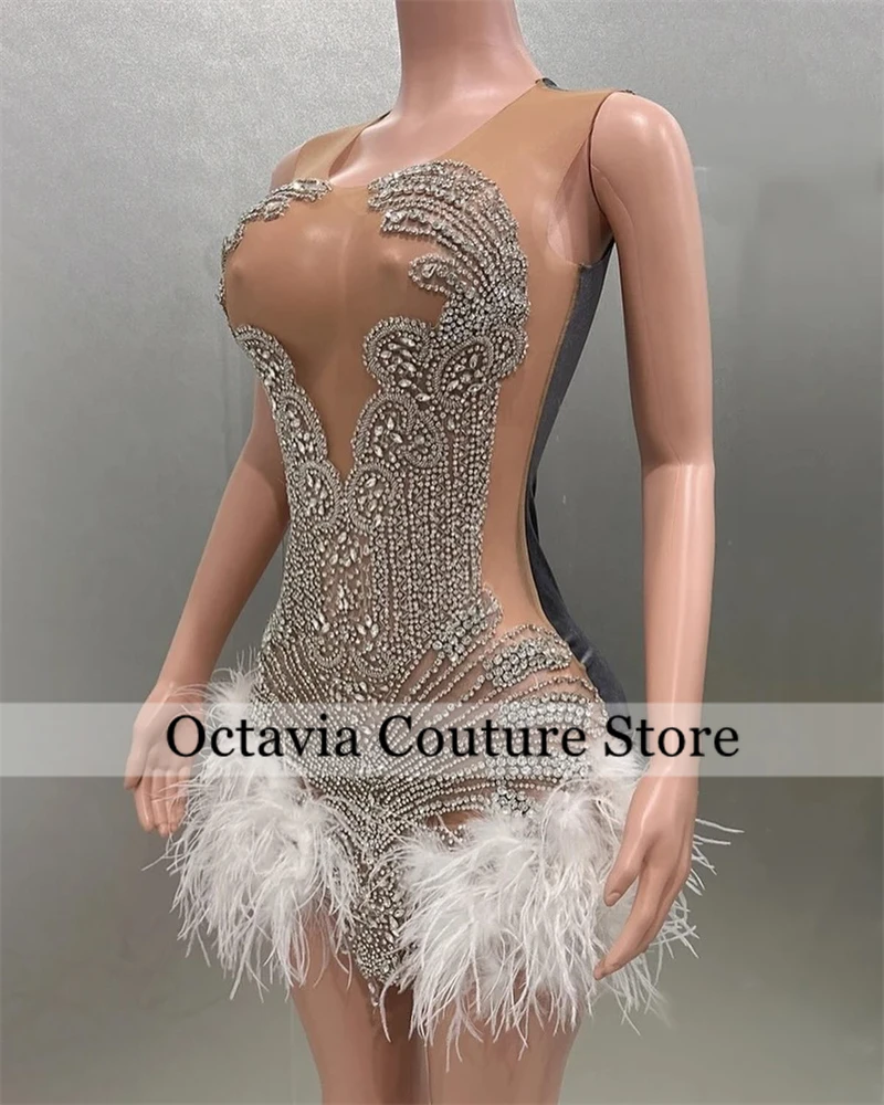 

White O N Short Prom Dresses For Black Girls Bead Crystal 2024 Birthday Luxury Dress Feather Mini Cocktail Homecoming Customized