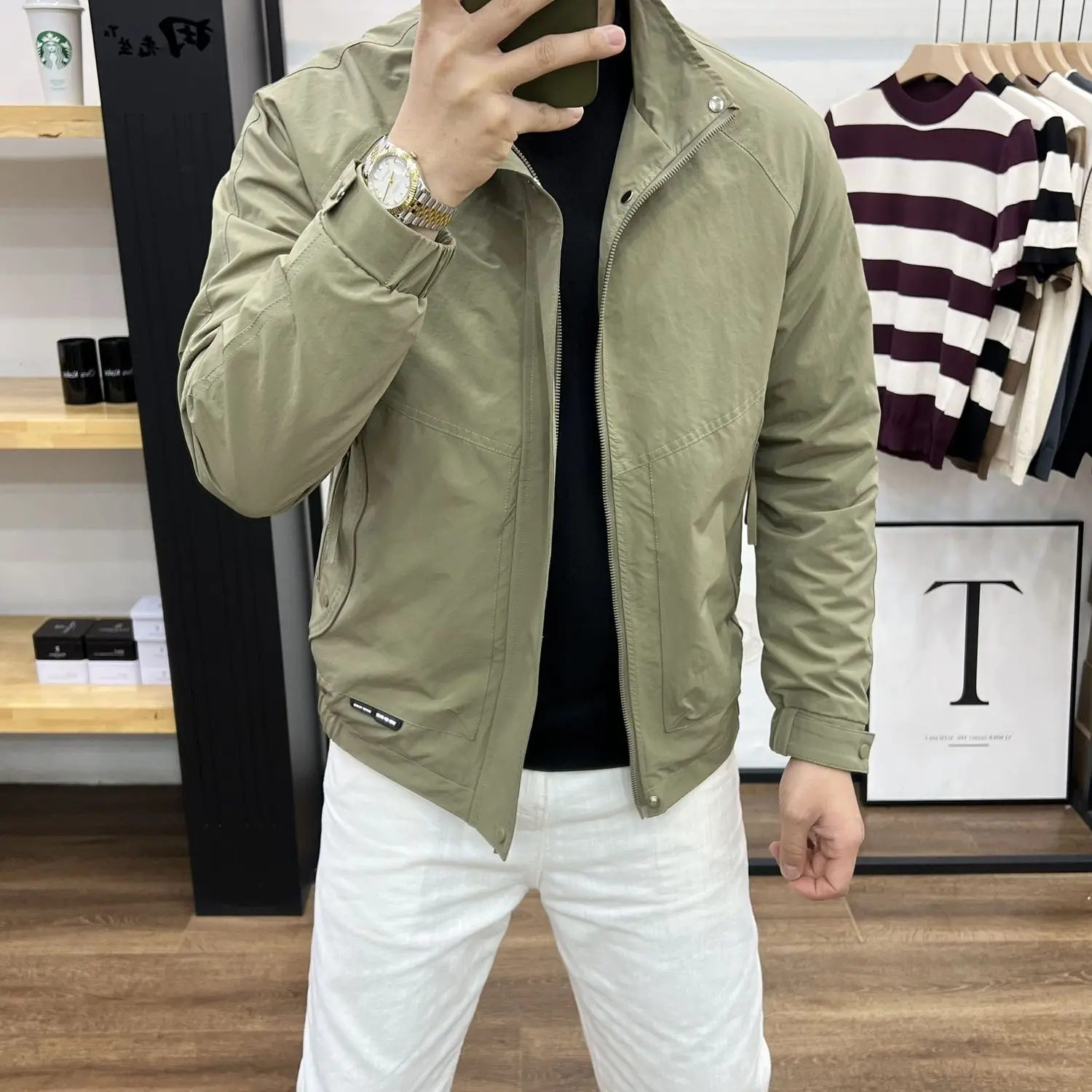 

Spring Autumn Men's Jaet Trendy Slim Fit Stand Collar Casual Long Sve Top Youth ular Polyester Fabric Windproof Zipper