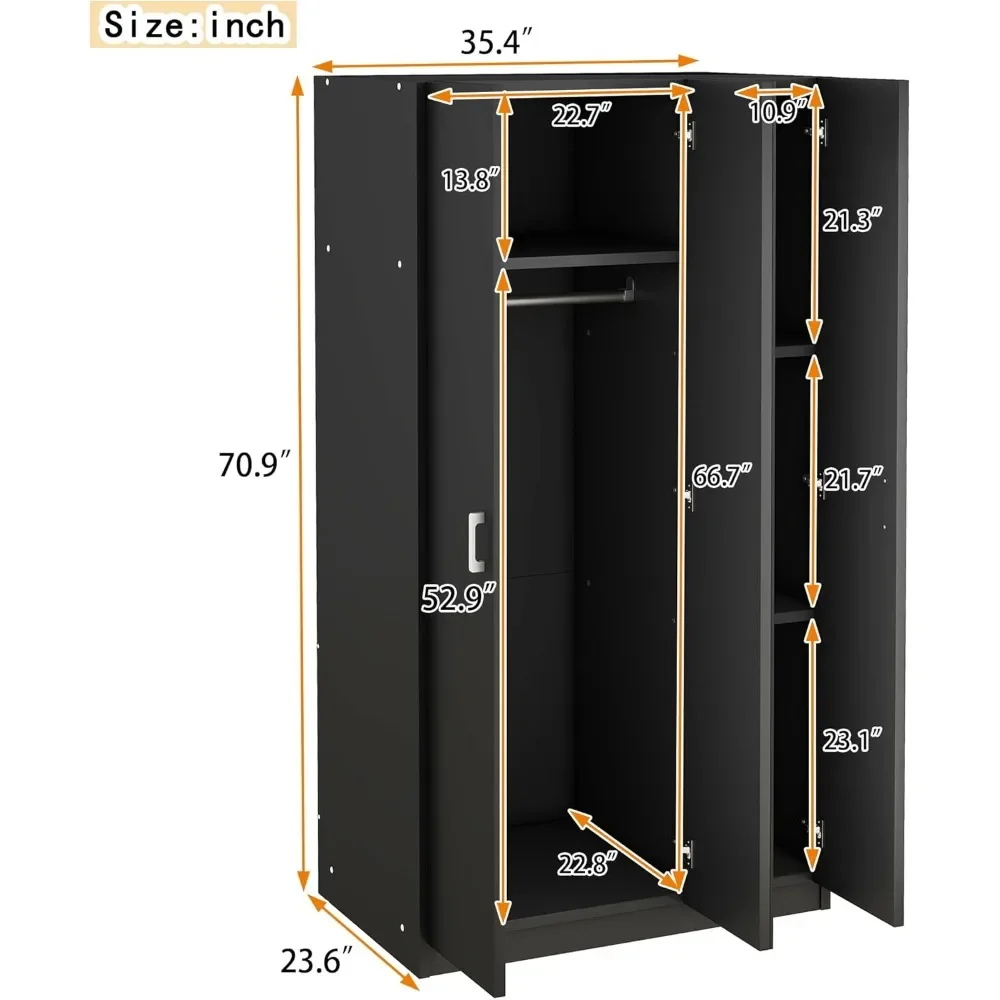 Stylish Black Wooden Armoire with Mirror, Hanging Rail & 3 Fixed Shelves - 3-Door Storage Solution