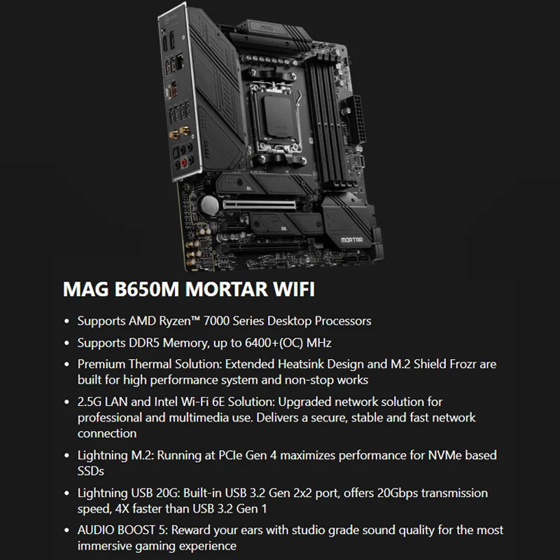 اللوحة الأم MSI MAG B650M MORTAR WIFI تدعم AMD B650 AM5 Ryzen 7 7800X3D 5 7600X 5 8600G 9 7950X3D CPU DDR5 M.2 mATX