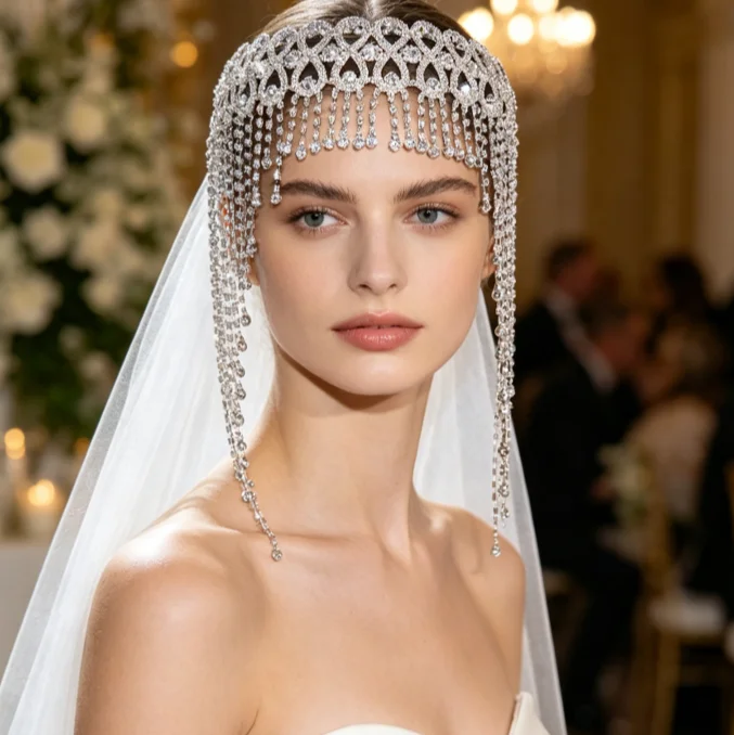 Tassel Rhinestone Forehead Chain, Sparkly Stage Performance Party Hair Jewelry for Women