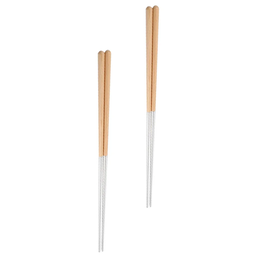 

2 Pairs Hot Pot Chopsticks Serving Utensils Kitchen Supplies Stainless Steel Household Frying Reusable Noodles Beech for
