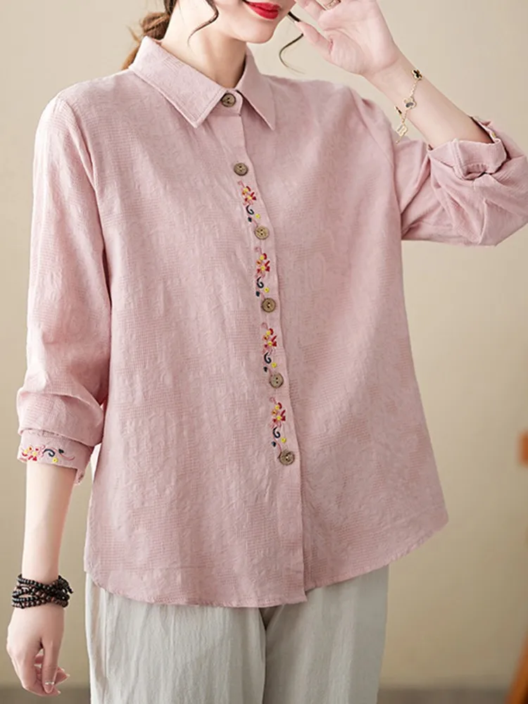 High Quality Women Casual Shirts New Arrival 2023 Spring Vintage Style Floral Embroidery Loose Female Cotton Linen Tops B2382