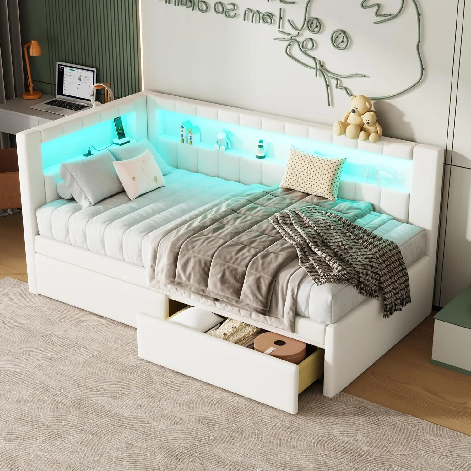 Upholstered Twin Size Daybed with LED and Storage Drawers, USB Ports,L-Shaped Corner Day Bed with Storage Shelves Headboard,Slee