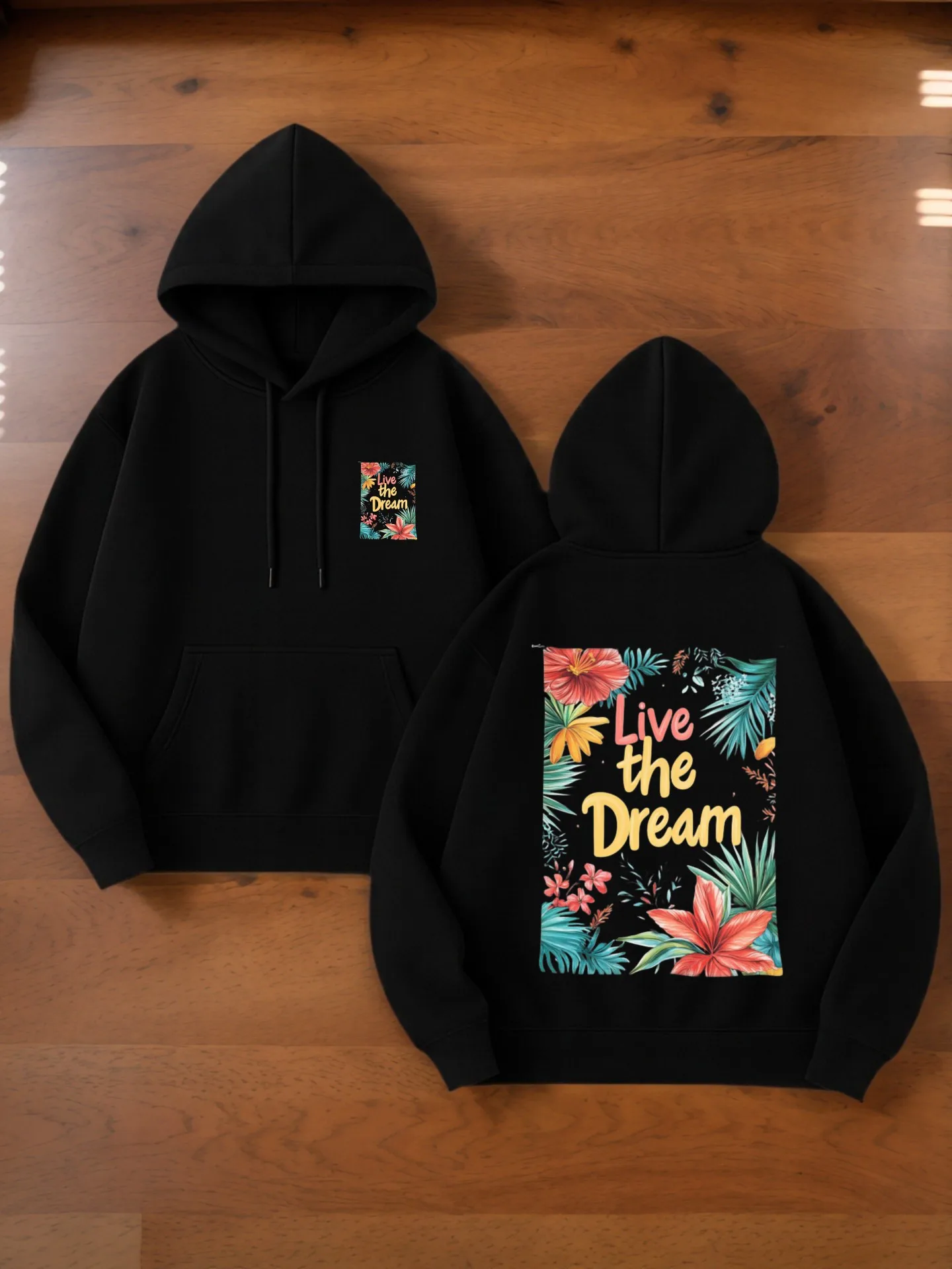 هوديي جرافيك للرجال، طباعة Live the Dream، طراز كاجوال، مبطن بالصوف، للارتداء اليومي، للشباب