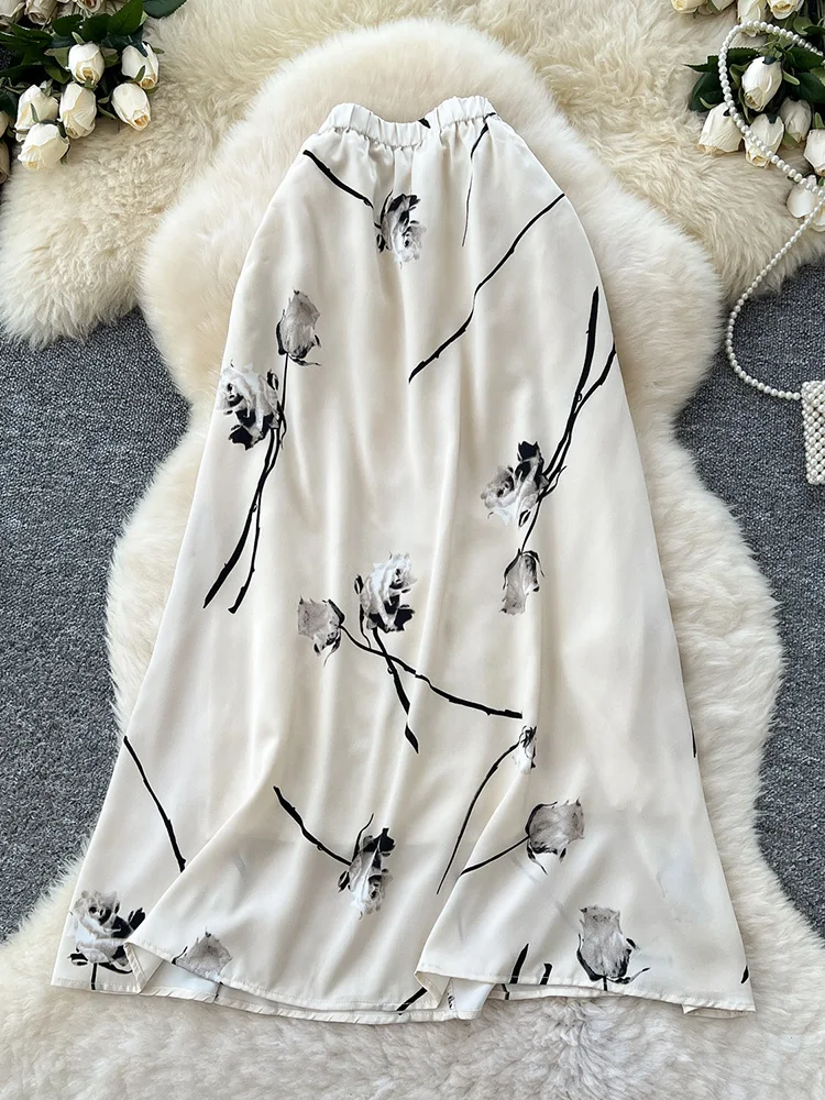 

Women's Summer Skirt New Chinese Style Gentle Printed Satin Fabric High-end Versatile Slimming Sagging Half Body Faldas SK044