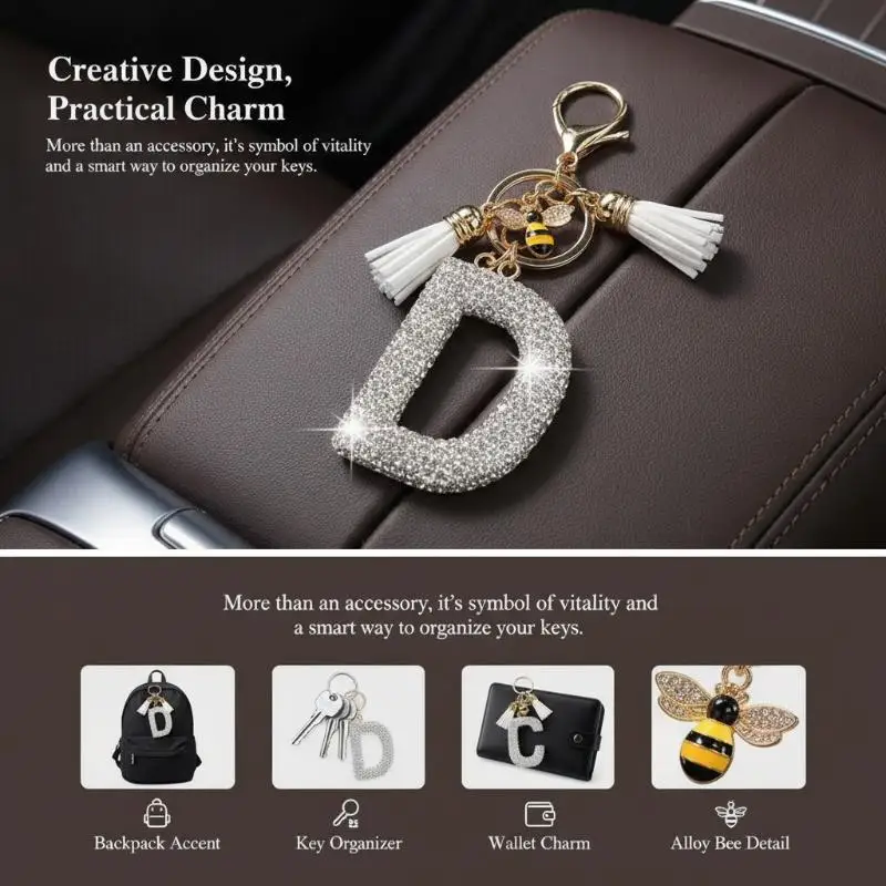 Glitzernder Strass-Schlüsselanhänger mit A-Z-Initialen, niedlicher Bienen-Anhänger, Quasten-Dekoration, personalisierte Geschenke für Autoschlüssel und Taschen – Detail 1