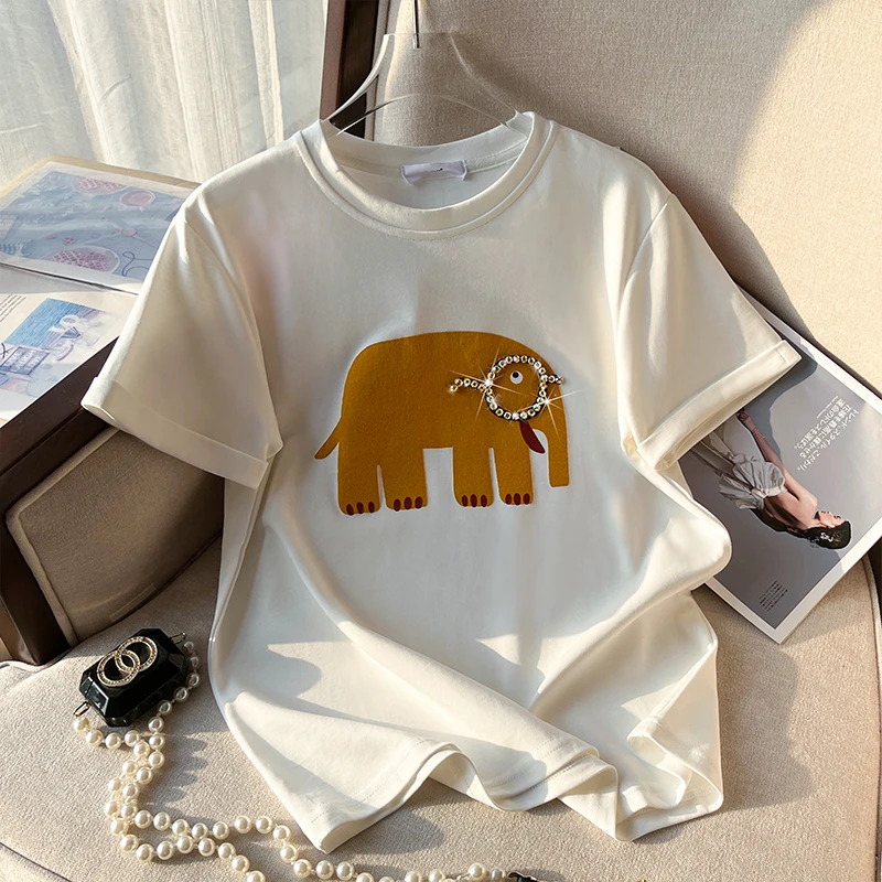 2024 Summer New Retro Womens T-shirt Heart Fashion Diamond-set Printing Short-sleeved Casual Street Sports O Collar Ladies Shirt