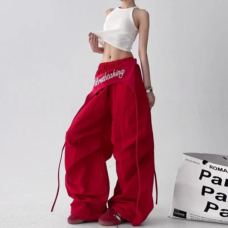 Y2K Red Patchwork Parachute Chic Pants Women Autumn Loose Streetwear Wide Leg Pants Female Hip Hop All Match Straight Trousers