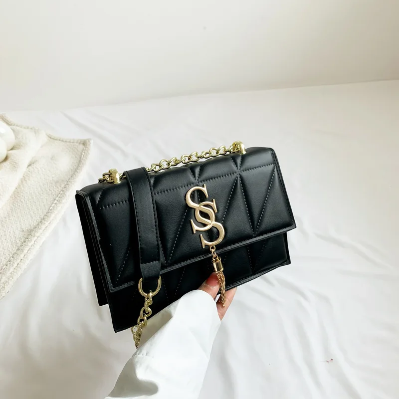 Women New Fashion Single Shoulder Crossbody Chain Bag Small Square Solid Color Check Line Luxury Designer Bag