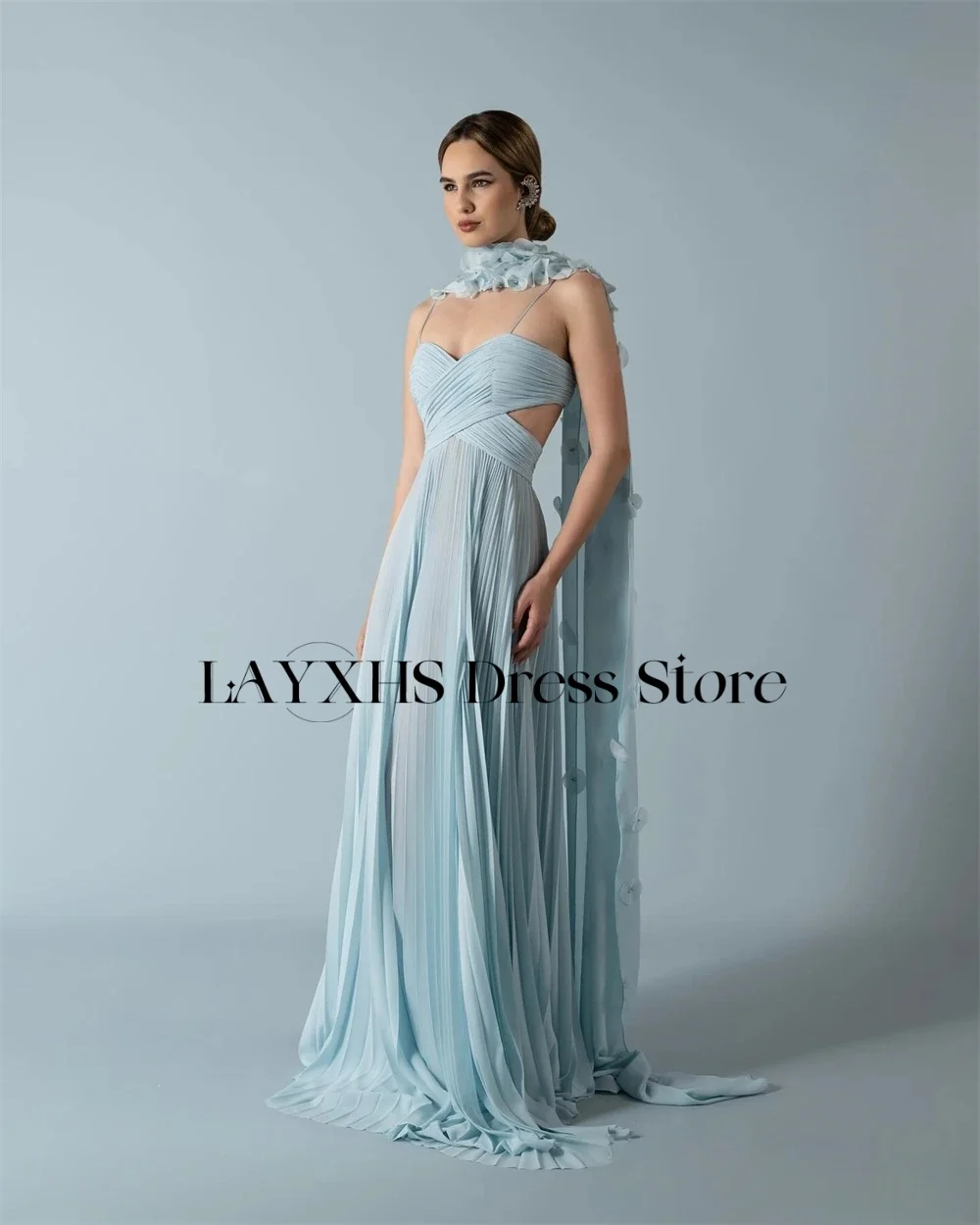 LAYXHS Fashion Spaghetti-Straps Evening Dresses Blue A-Line Cut-out Applique Birthday Party Prom Gowns Customized