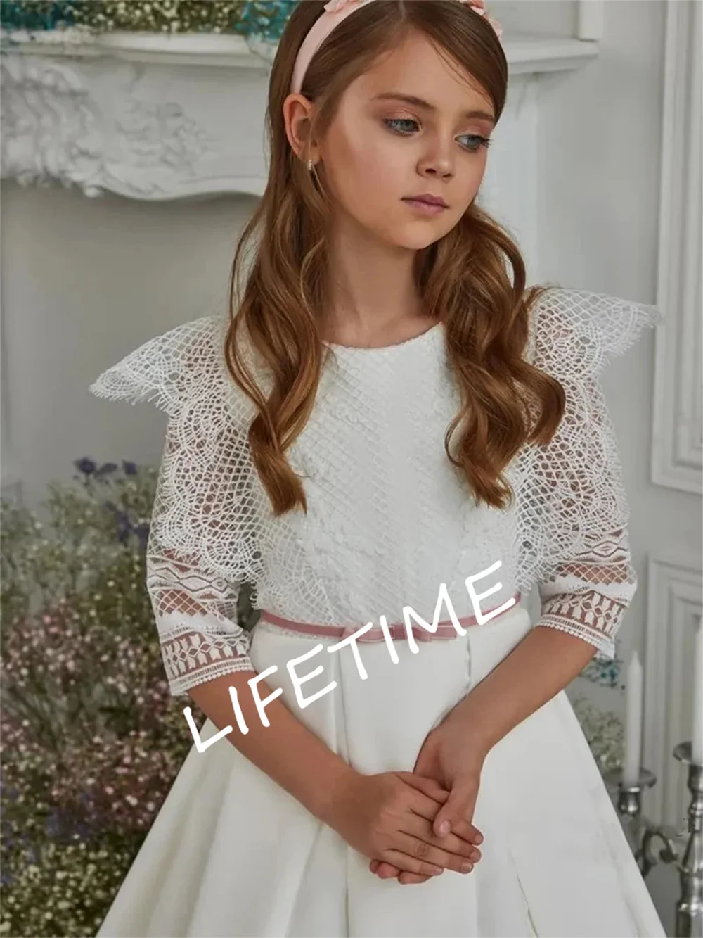 Vestido de fiesta de flores para niña, traje blanco con cinta de media manga y cuello redondo, color liso, a la moda, 2023