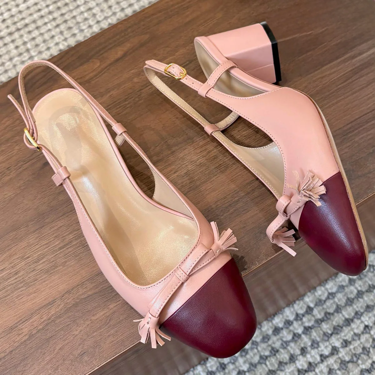 

2026 Women's Two-Tone Leather Tassel Bow Slingback Block Heel Pumps, Elegant Slip-On Shoes for Daily & Dating YYT26030858