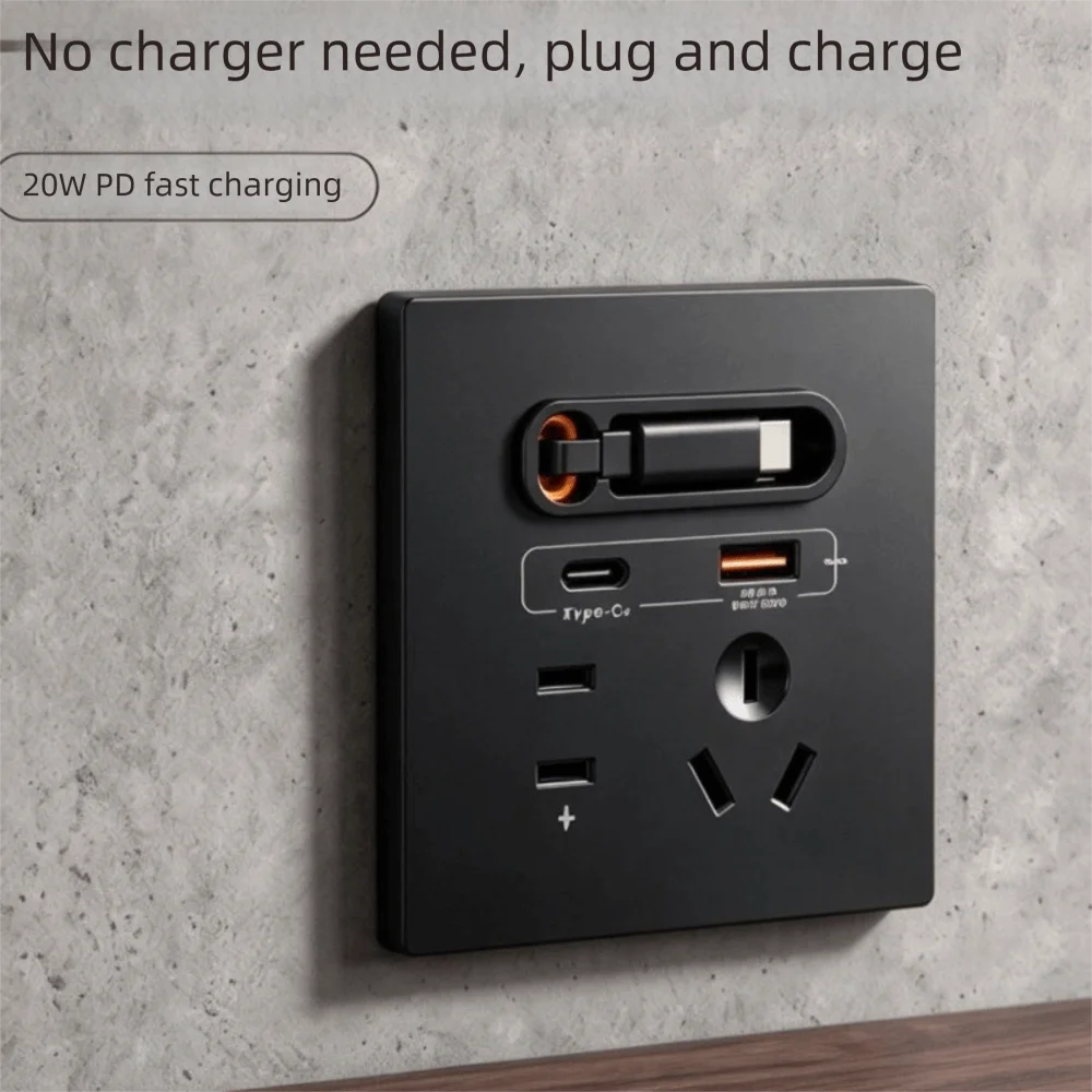 Retractable Cable USB Fast Charging Socket Multi-hole Type-C Fast Charging Socket Panel 20W USB Fast Charging