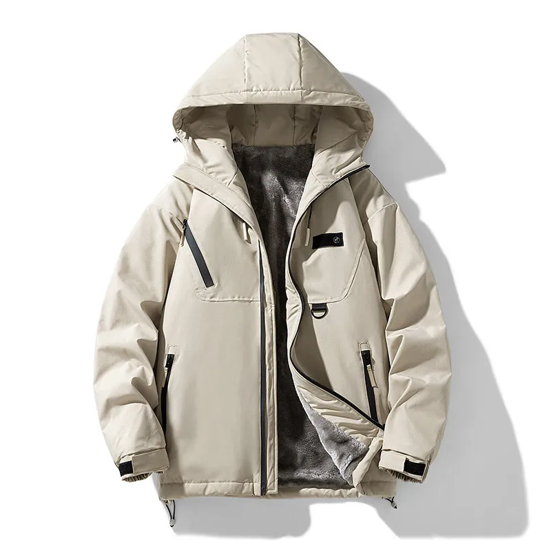 Jacket Stand-up Collar Hooded Windproof Thickened Warm Trench Coat Solid Simple Coat Autumn And Winter Velvet Jacket
