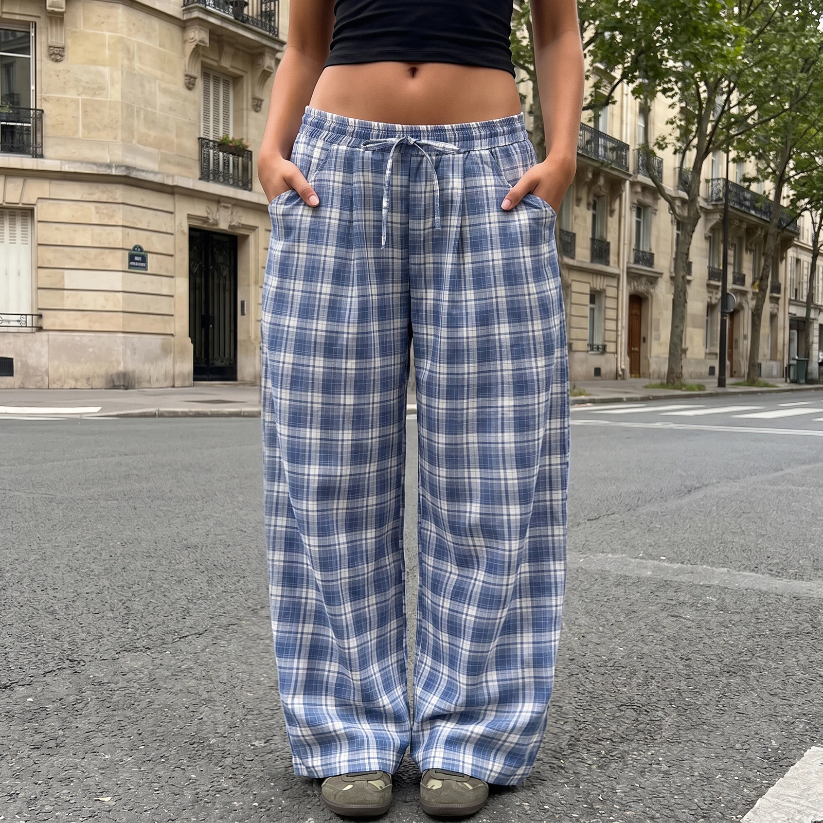 2027 Early Autumn Women's Barrel Wide Leg Pants Fashion Ladies Drawstring Waist Retro Plaid Print Loose Straight-Leg Trousers