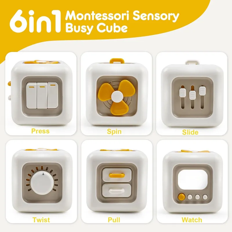 Montessori Activity Cube Baby Toys 6 in 1 Multipurpose Busy Cube Toddler Travel Toy Sensory Busy Board Educational Learning Toys