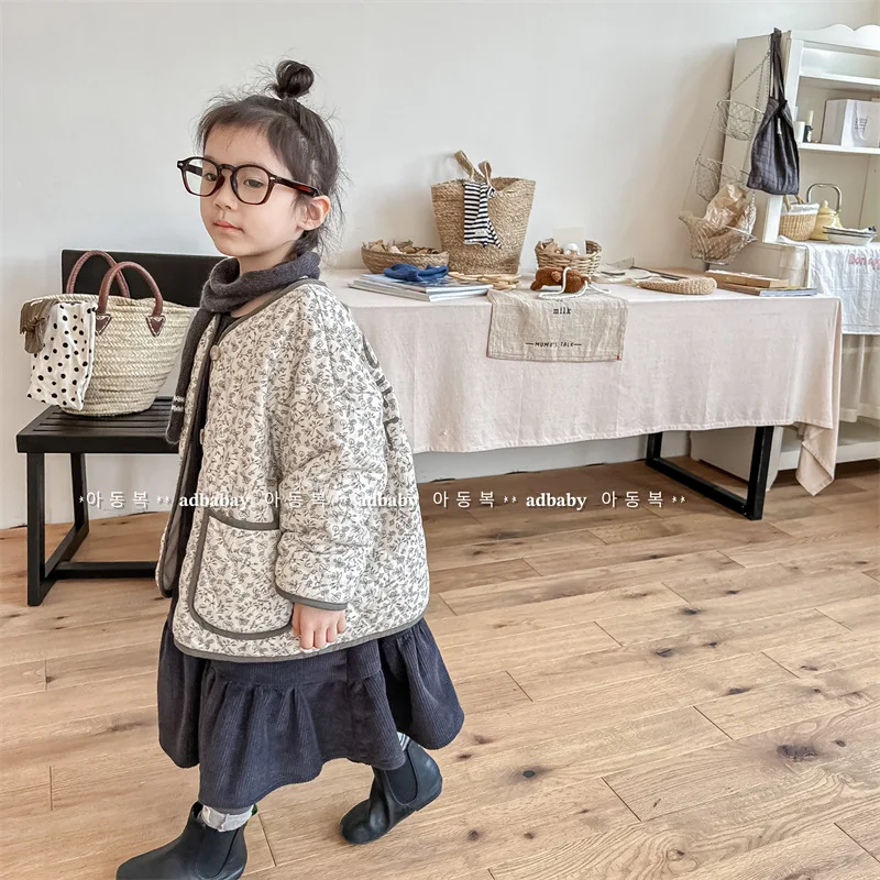 

Autumn Winter Girls' Padded Jacket Warm Coat Print New Fashion Round Neck Children Clothes Korean Version Jacket 7 To12 Years