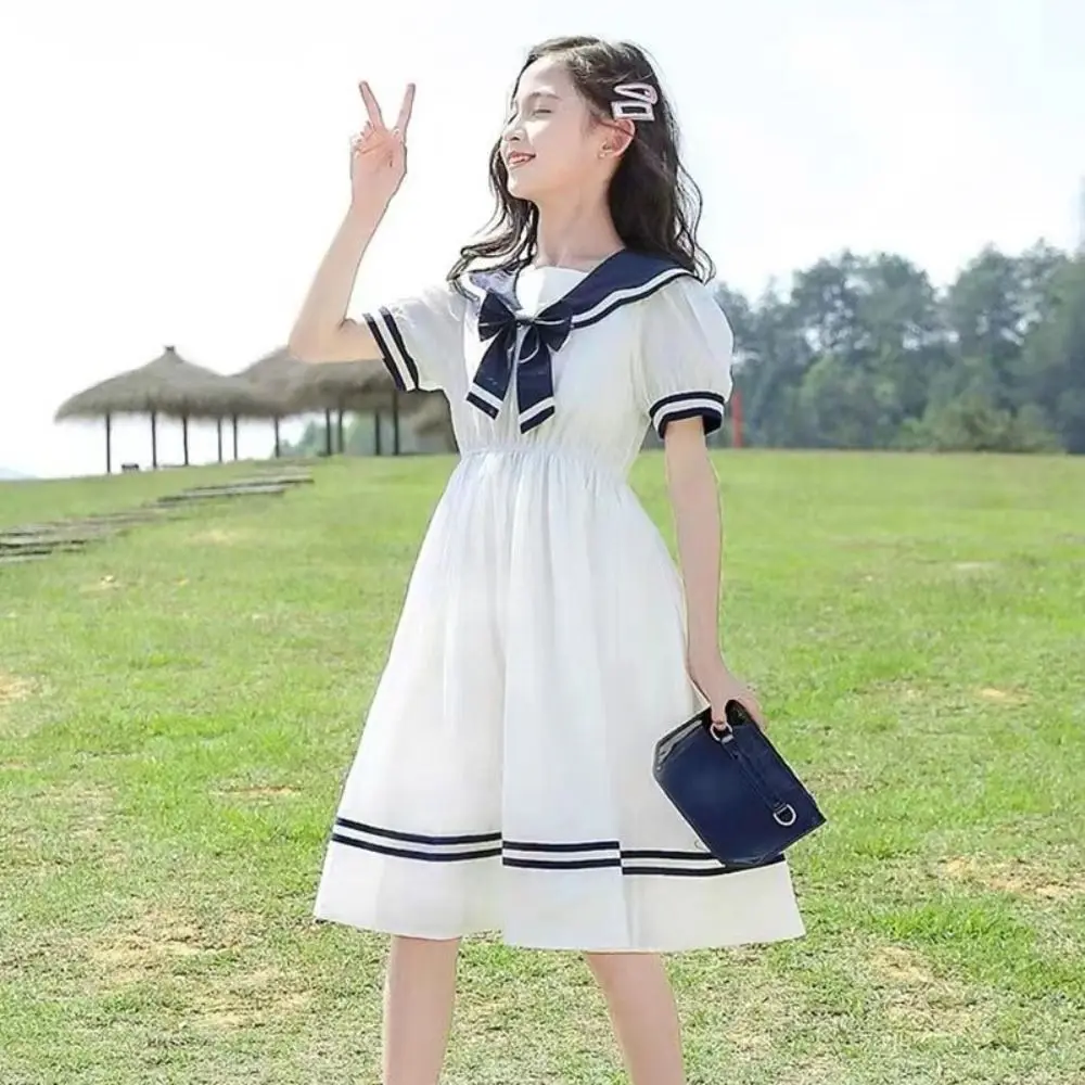 Fashion Bow Girls Preppy Style Dress Teenagers Pleated Summer Dresses Beach Vacation Party Children Princess Dress Holiday