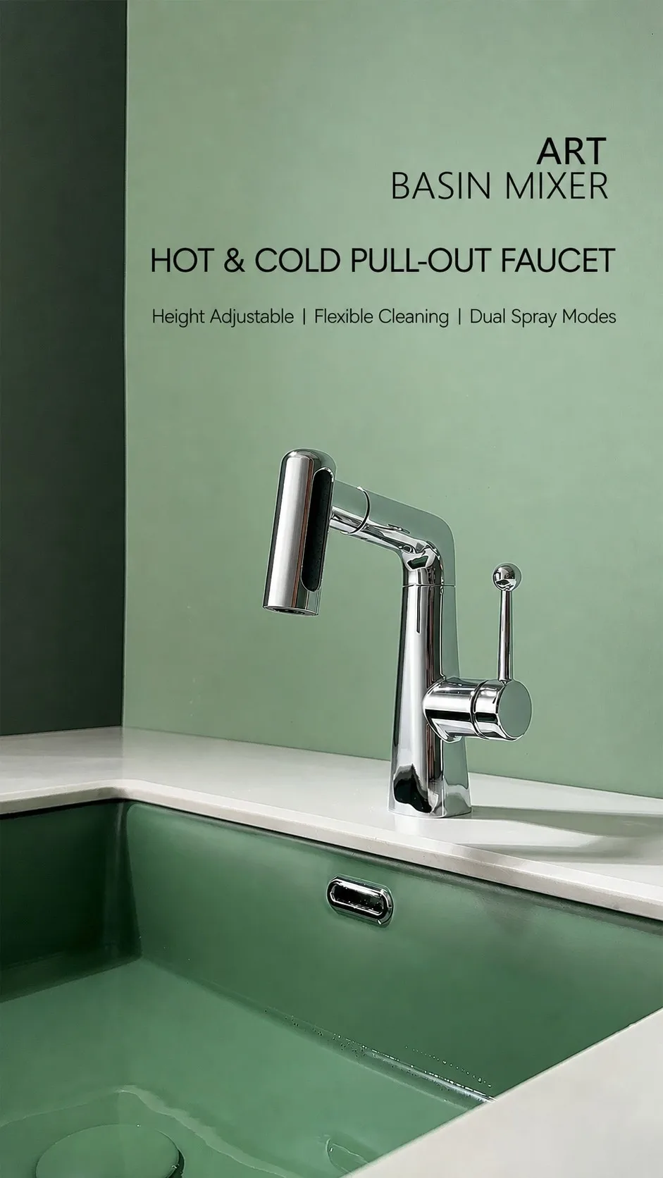 Pull Out Bathroom Sink Faucet Height Adjustable 360° Swivel Dual Mode Hot Cold Brass Basin Mixer Tap Single Handle Sprayer