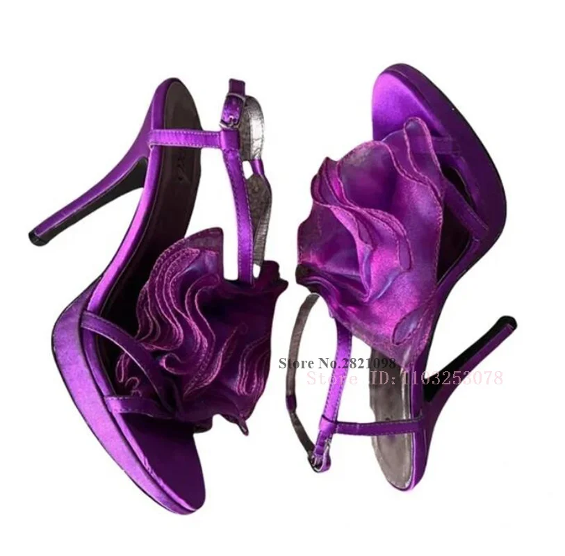 High Heels Large Pleated Ruffle Purple Stiletto Ladies Sandals Open Toe T Strap Thin High Heel Women Summer Fashion Shoes